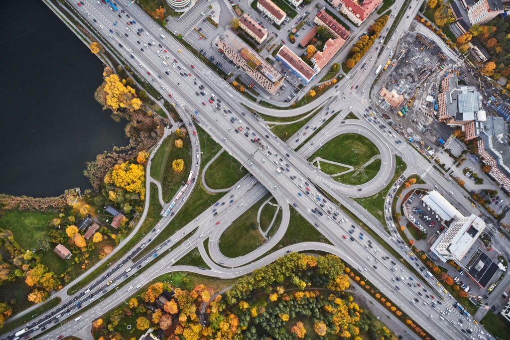 Aerial shot of a highway and moving cars